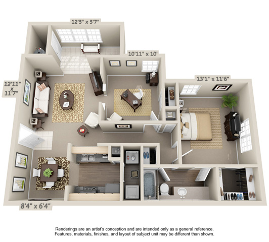 Floor plan for 1 bed, 1 bath, 940 sqft