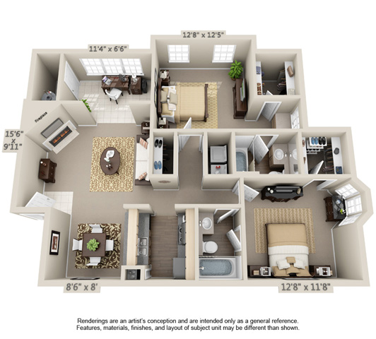 Floor plan for 2 beds, 2 baths, 1090 sqft