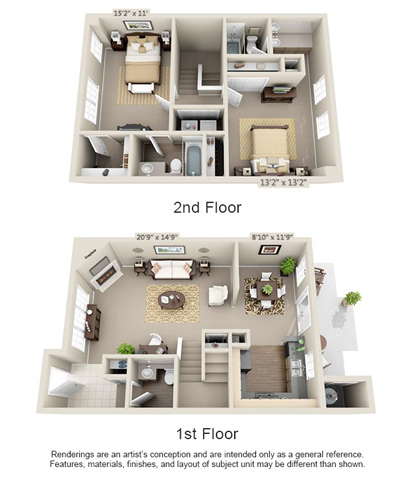 Floor plan for 2 beds, 2.5 baths, 1484 sqft