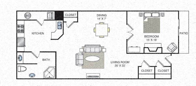 Floor plan for 1 bed, 1 bath