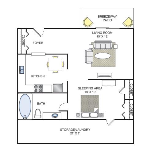 Floor plan for studio, 1 bath, 600 sqft