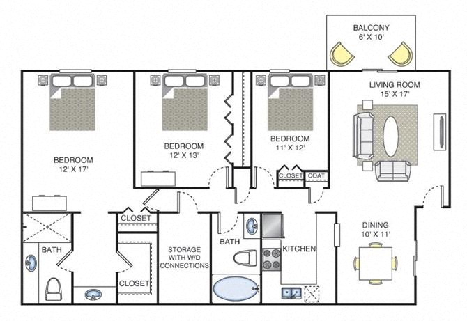Floor plan for 3 beds, 2 baths, 1568 sqft