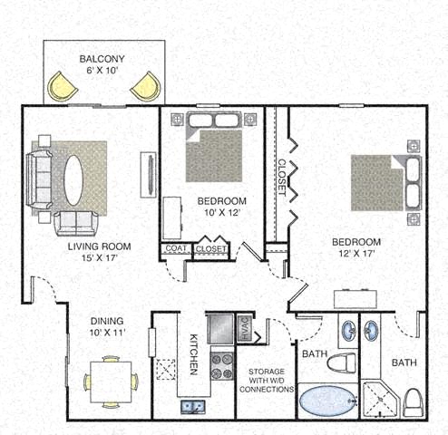 Floor plan for 2 beds, 2 baths, 1232 sqft