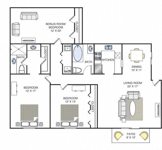 Floor plan for 2 beds, 2 baths