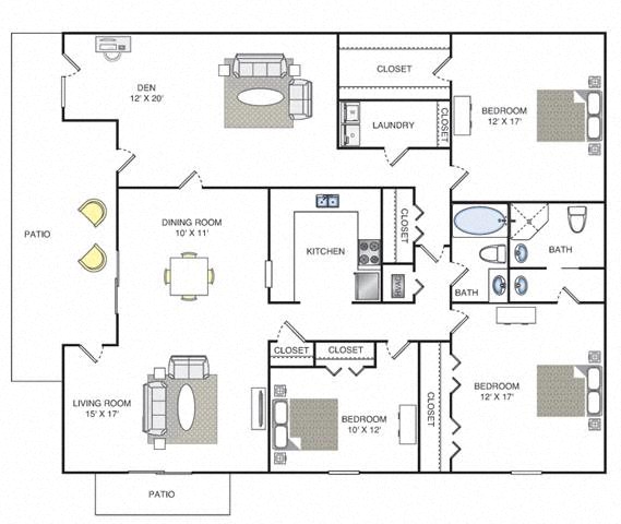 Floor plan for 3 beds, 2 baths