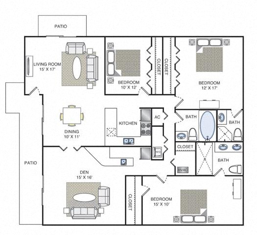 Floor plan for 3 beds, 3 baths