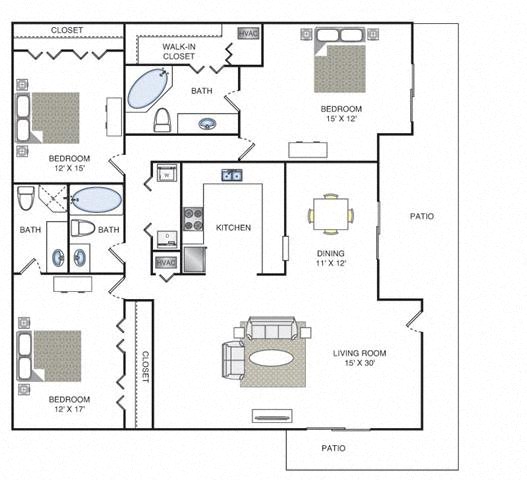 Floor plan for 3 beds, 3 baths