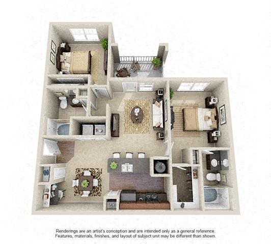 Floor plan for 2 beds, 2 baths, 1044 sqft