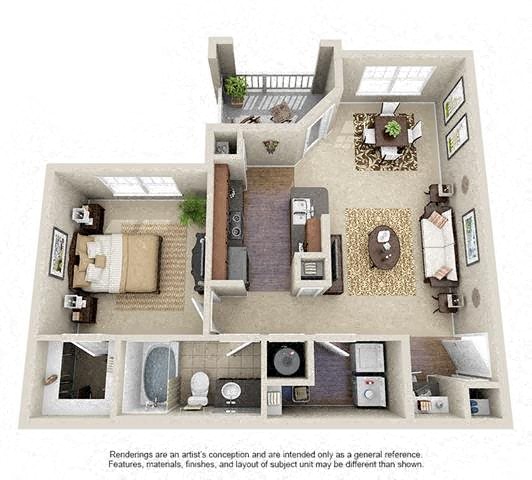 Floor plan for 1 bed, 1 bath, 754 sqft
