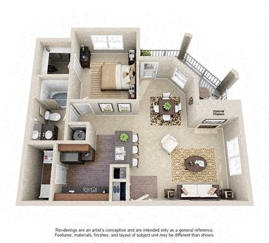Floor plan for 1 bed, 1 bath, 833 sqft