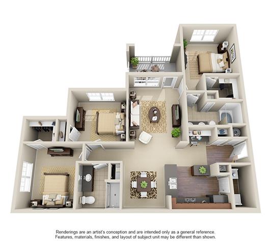 Floor plan for 3 beds, 2 baths, 1315 sqft