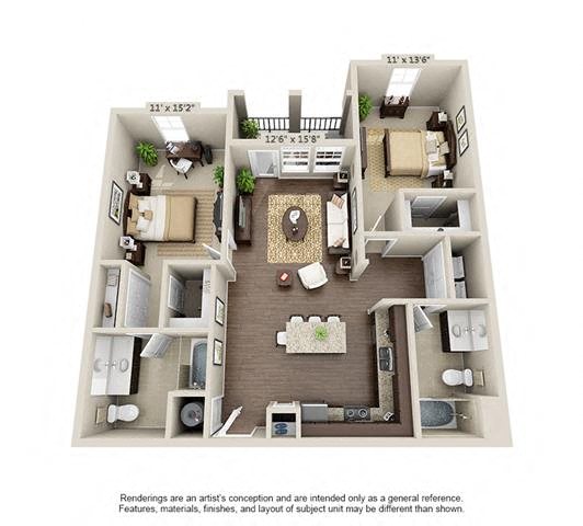 Floor plan for 2 beds, 2 baths, 1137 sqft