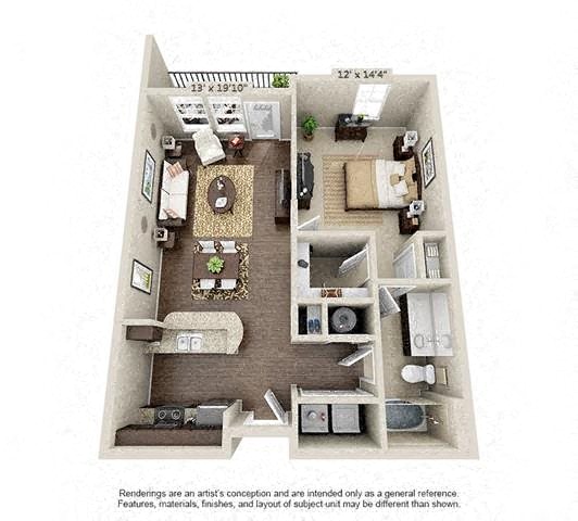 Floor plan for 1 bed, 1 bath, 785 sqft