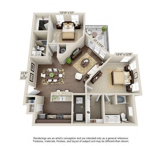 Floor plan for 2 beds, 2 baths, 1163 sqft