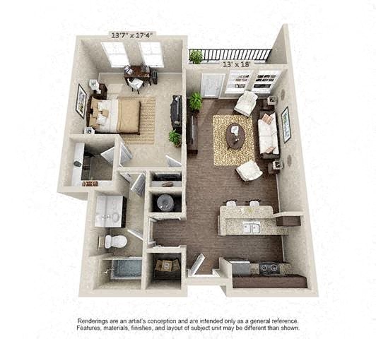 Floor plan for 1 bed, 1 bath, 760 sqft