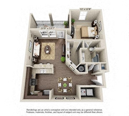 Floor plan for 1 bed, 1 bath, 809 sqft