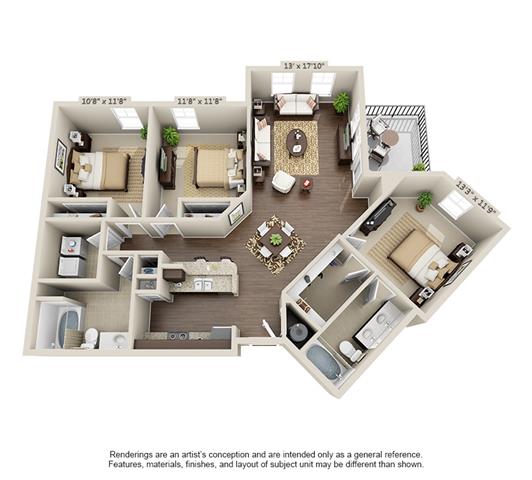Floor plan for 3 beds, 2 baths, 1311 sqft