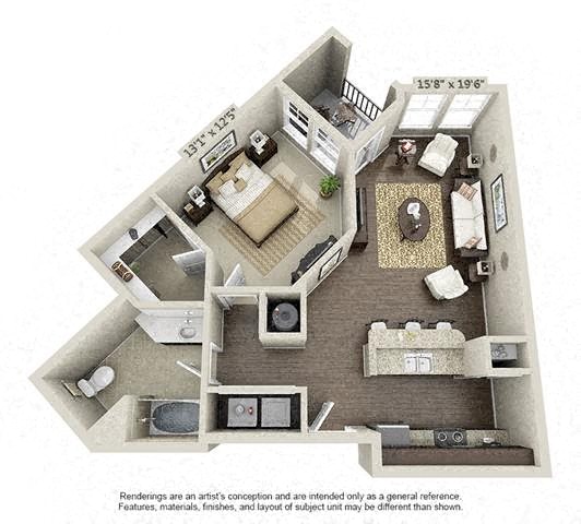 Floor plan for 1 bed, 1 bath, 777 sqft