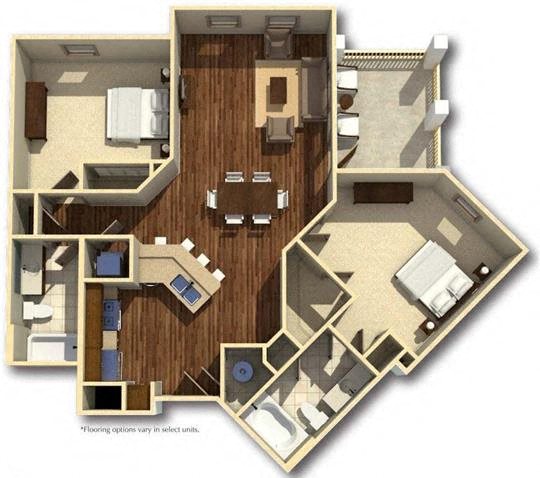 Floor plan for 2 beds, 2 baths, 1044 sqft