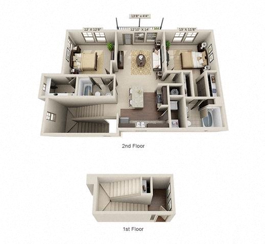 Floor plan for 2 beds, 2 baths, 1179 sqft