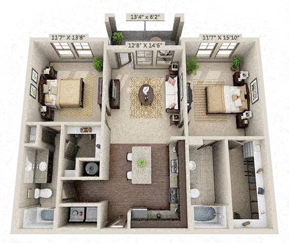 Floor plan for 2 beds, 2 baths, 1106 sqft