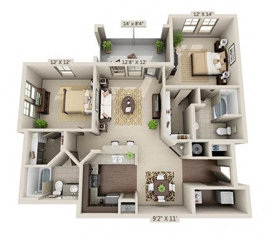 Floor plan for 2 beds, 2 baths, 1166 sqft
