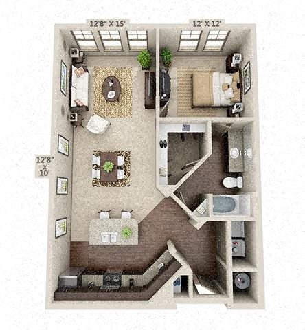 Floor plan for 1 bed, 1 bath, 949 sqft