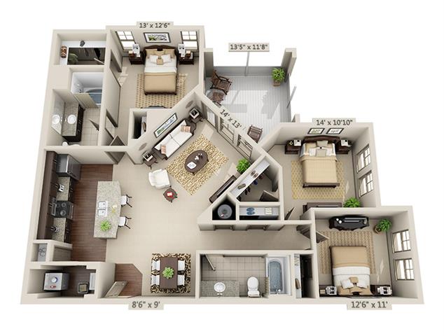 Floor plan for 3 beds, 2 baths, 1382 sqft