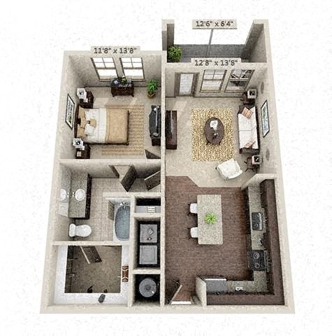 Floor plan for 1 bed, 1 bath, 743 sqft