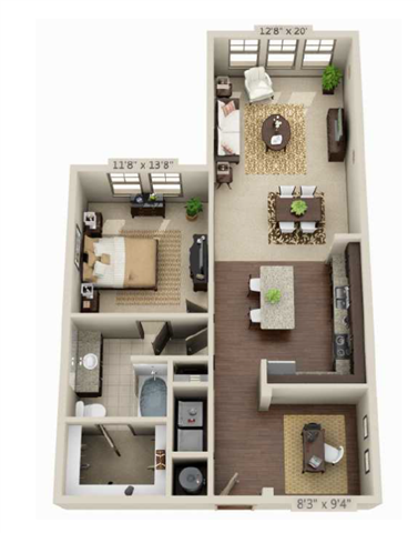 Floor plan for 1 bed, 1 bath, 953 sqft