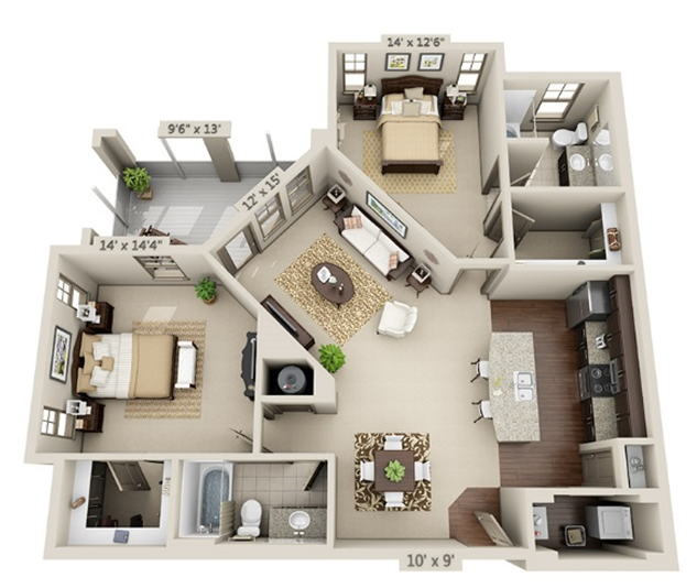 Floor plan for 2 beds, 2 baths, 1240 sqft