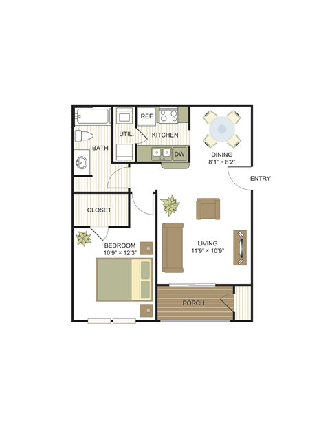 Floor plan for 1 bed, 1 bath, 649 sqft