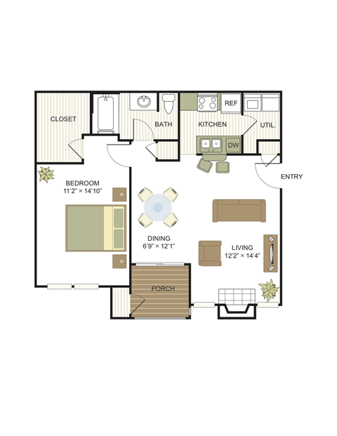 Floor plan for 1 bed, 1 bath, 748 sqft