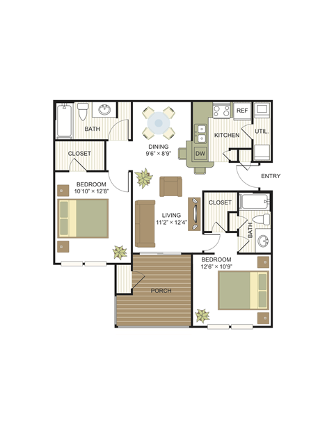 Floor plan for 2 beds, 2 baths, 953 sqft