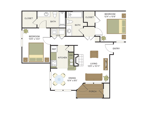 Floor plan for 2 beds, 2 baths, 1054 sqft