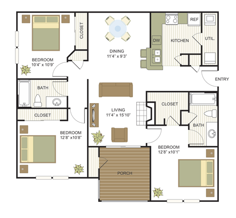 Floor plan for 3 beds, 2 baths, 1205 sqft
