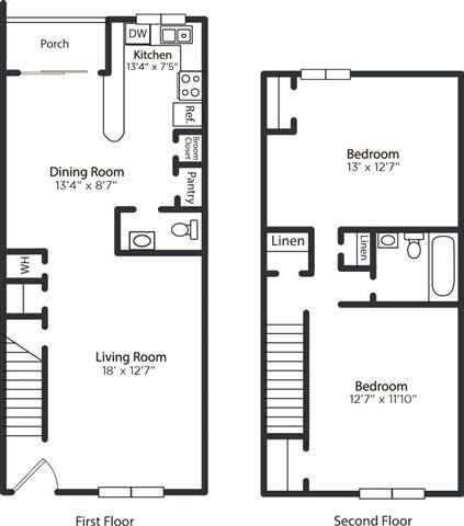 Floor plan for 2 beds, 1.5 baths, 1050 sqft