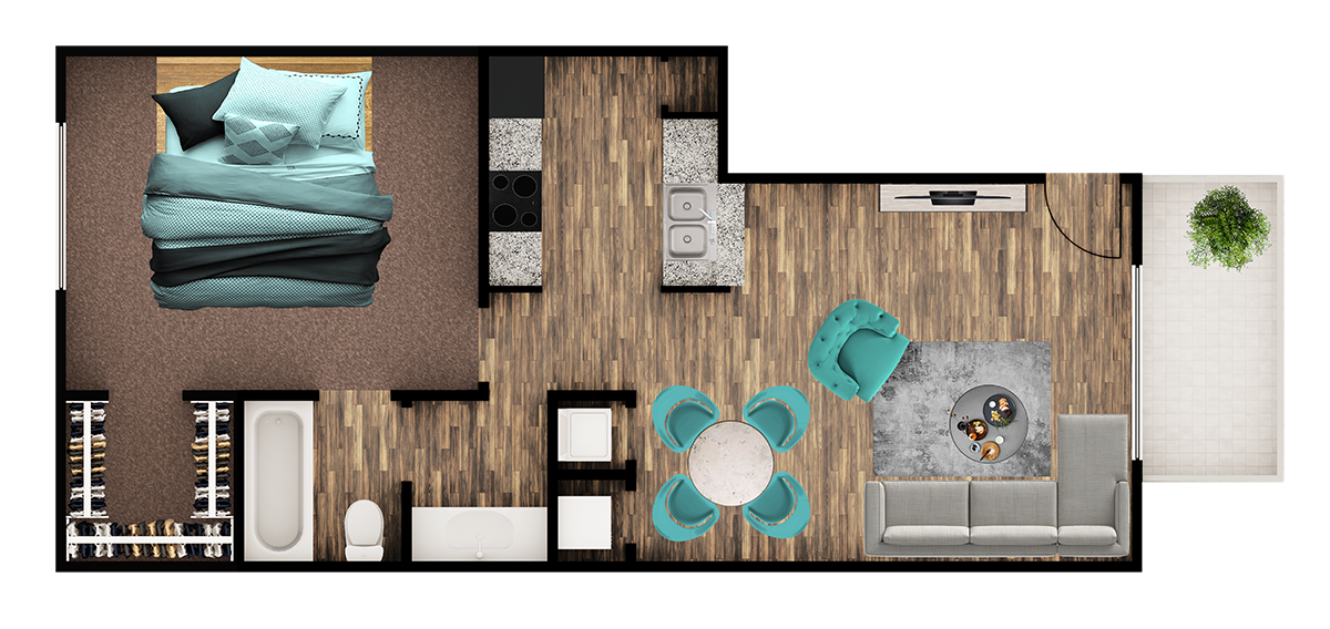 Floor plan for 1 bed, 1 bath, 558 sqft