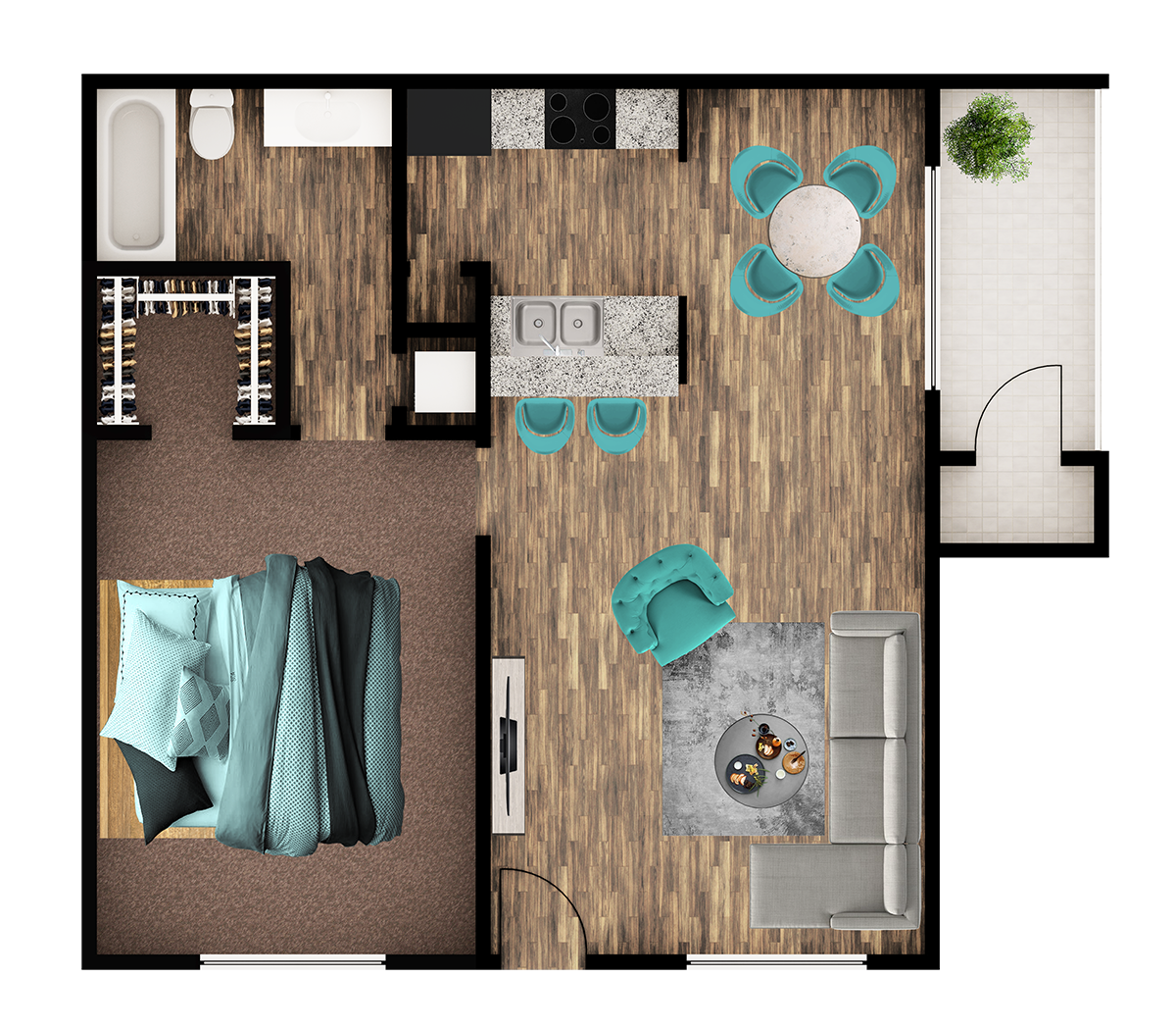 Floor plan for 1 bed, 1 bath, 623 sqft