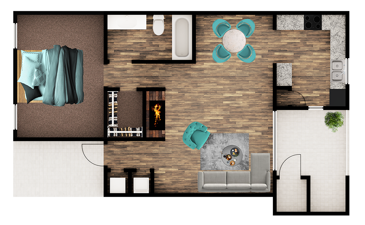 Floor plan for 1 bed, 1 bath, 656 sqft