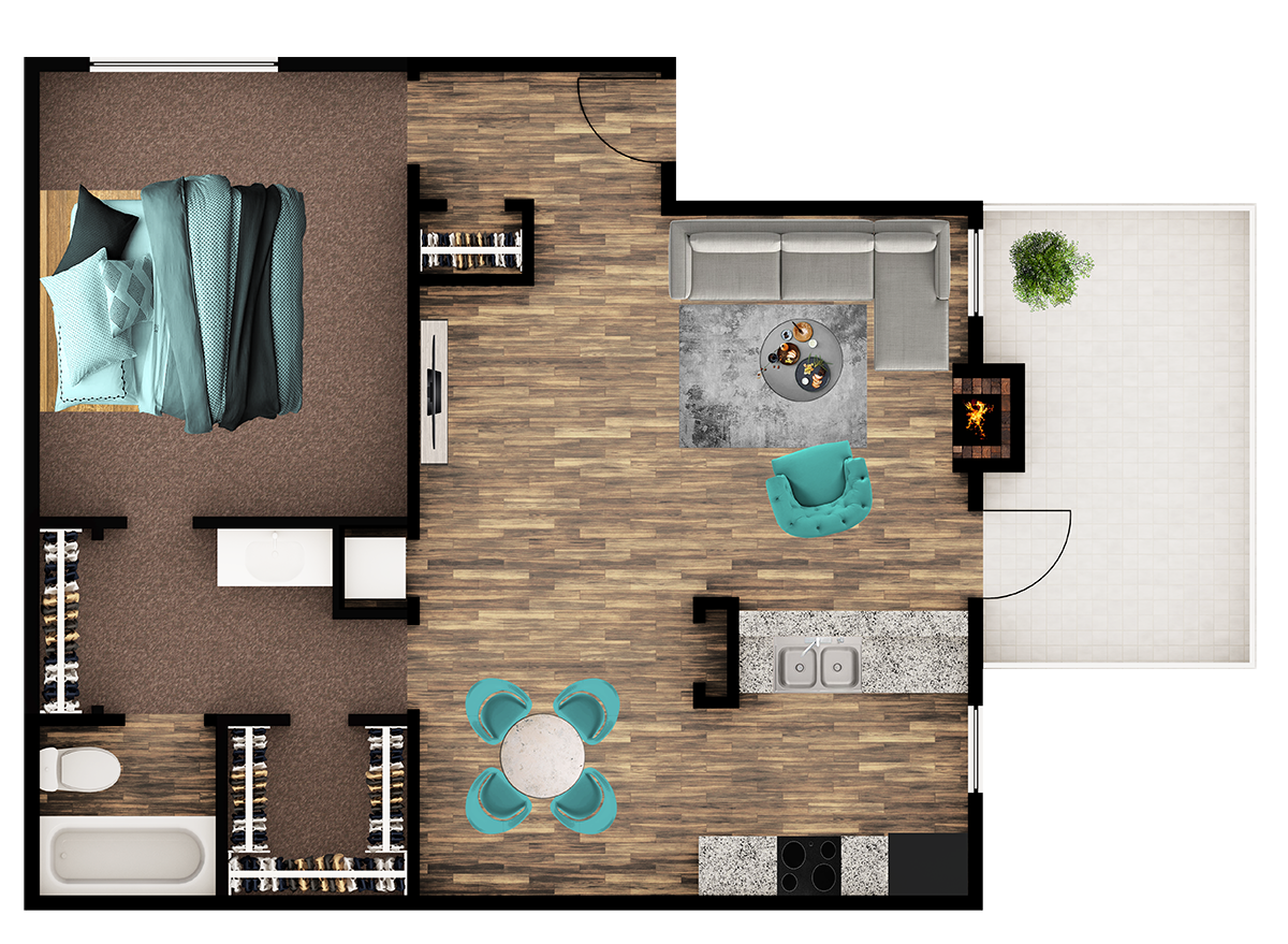 Floor plan for 1 bed, 1 bath, 720 sqft