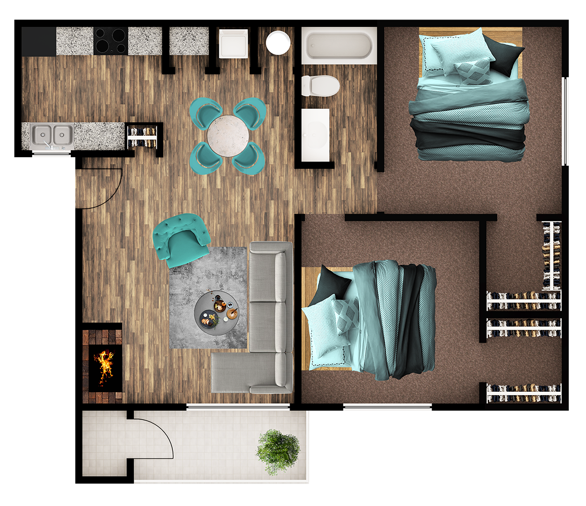 Floor plan for 2 beds, 1 bath, 810 sqft
