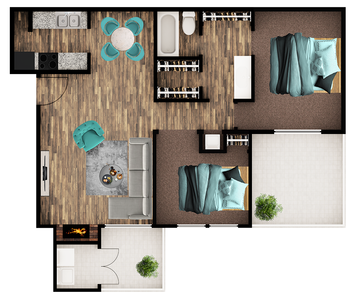 Floor plan for 2 beds, 1 bath, 865 sqft