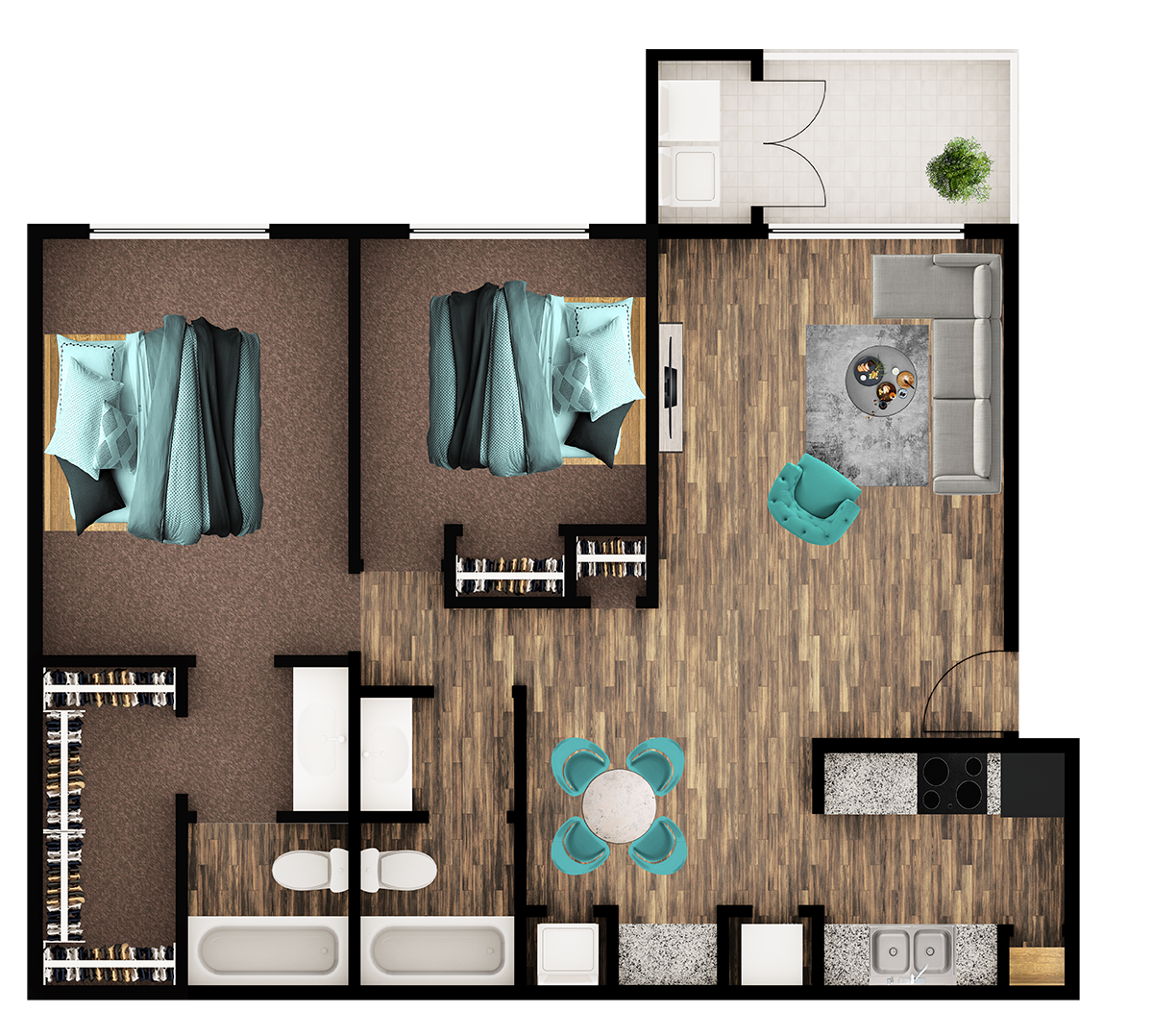 Floor plan for 2 beds, 2 baths, 960 sqft