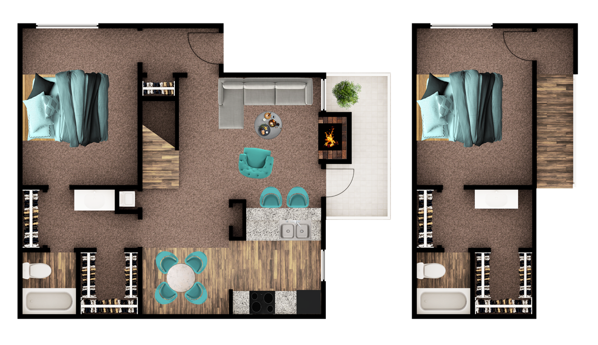 Floor plan for 2 beds, 2 baths, 1020 sqft