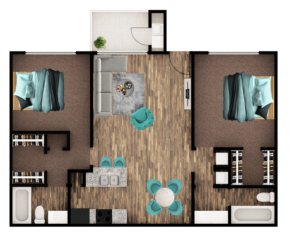 Floor plan for 2 beds, 2 baths, 1040 sqft