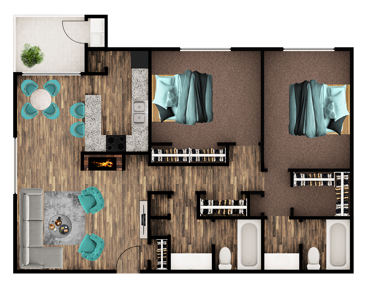 Floor plan for 2 beds, 2 baths, 1110 sqft