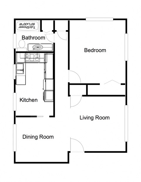 Floor plan for 1 bed, 1 bath, 679 sqft