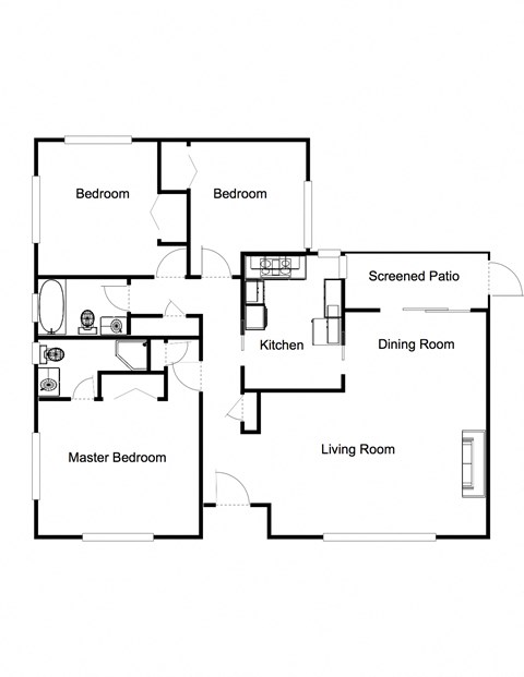 Floor plan for 3 beds, 2 baths, 1222 sqft