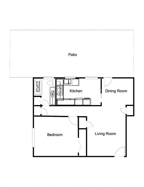 Floor plan for 1 bed, 1 bath, 699 sqft